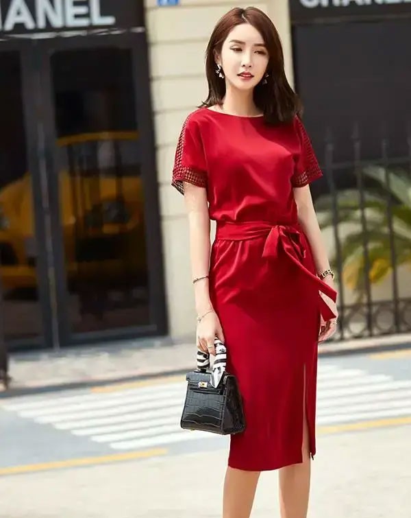 Giảm giá Set bộ váy công sở Toson gồm áo ký giả + chân váy ôm, màu đỏ đô,  chất liệu đũi Nhật thoáng mát, thiết kế cao cấp, thanh lịch -